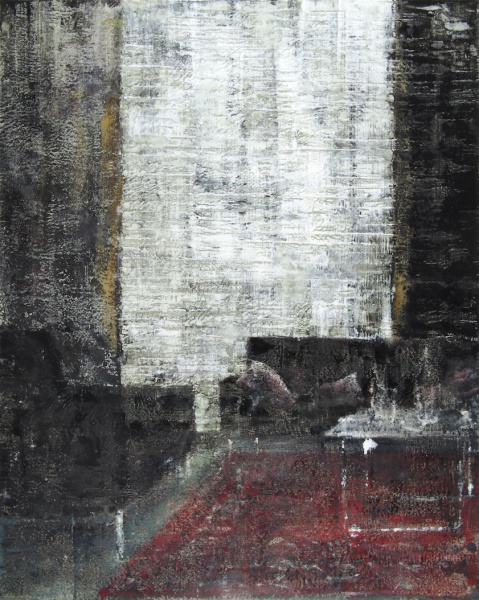 Philippe Cognée. Nocturnes : Intérieur avec canapés et tapis rouge, 2017 Peinture à la cire sur toile / Wax painting on canvas 162 x 130 cm / 63 ¾ x 51 1/8 in. Photo : B.Huet-Tutti